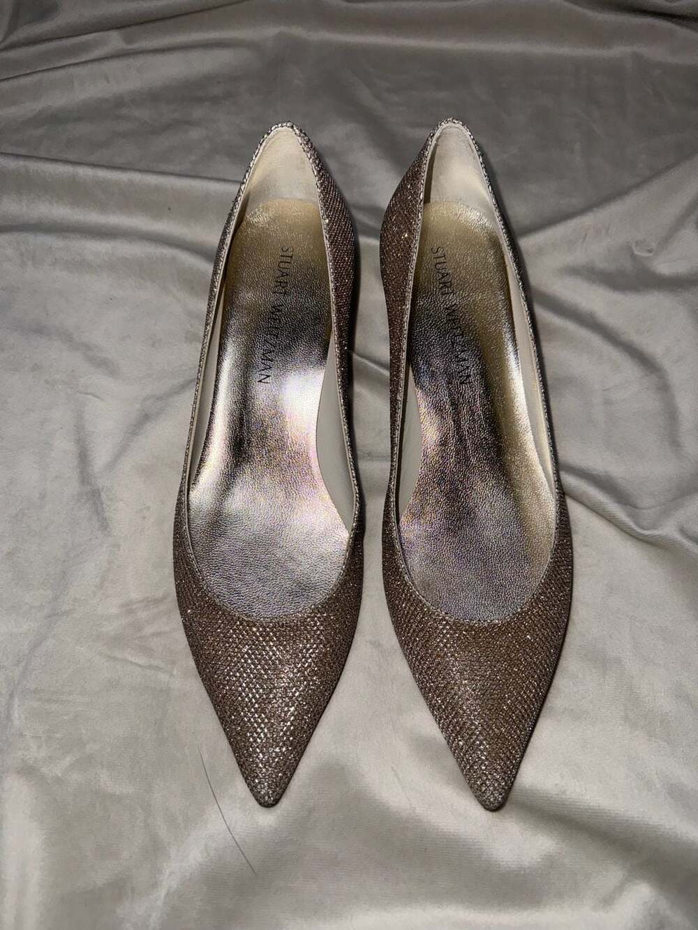 Stuart Weitzman Glitter Pointed Toe Kitten Heel Pumps